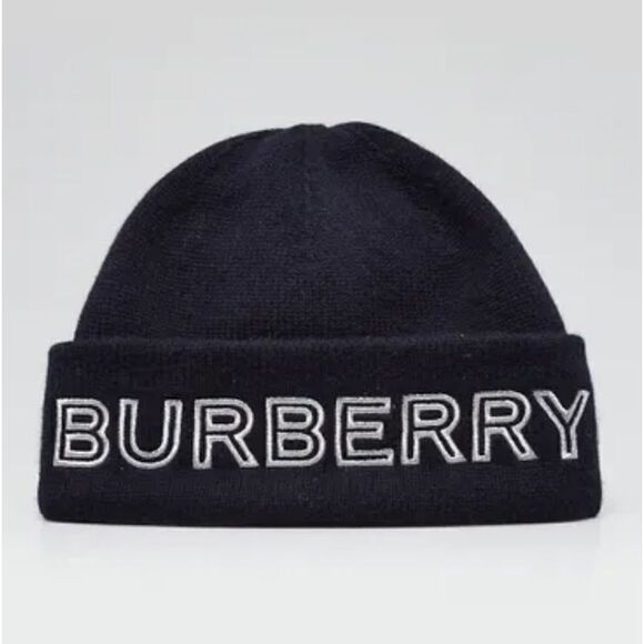 NWT BURBERRYBlue/Silver Cashmere Logo Beanie Hat - Picture 1 of 8